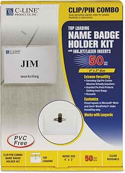 C-Line Clip and Pin Combo Name Badge Holders with Inserts 4 x 3 Inches 50 per Box by C-Line Products - American Made