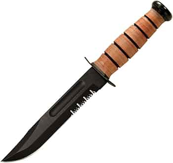 KA-BAR Full-Size USMC Fixed-Blade Serrated-Edge Knife 7-Inch Stacked Leather Handle by KA-BAR - American Made