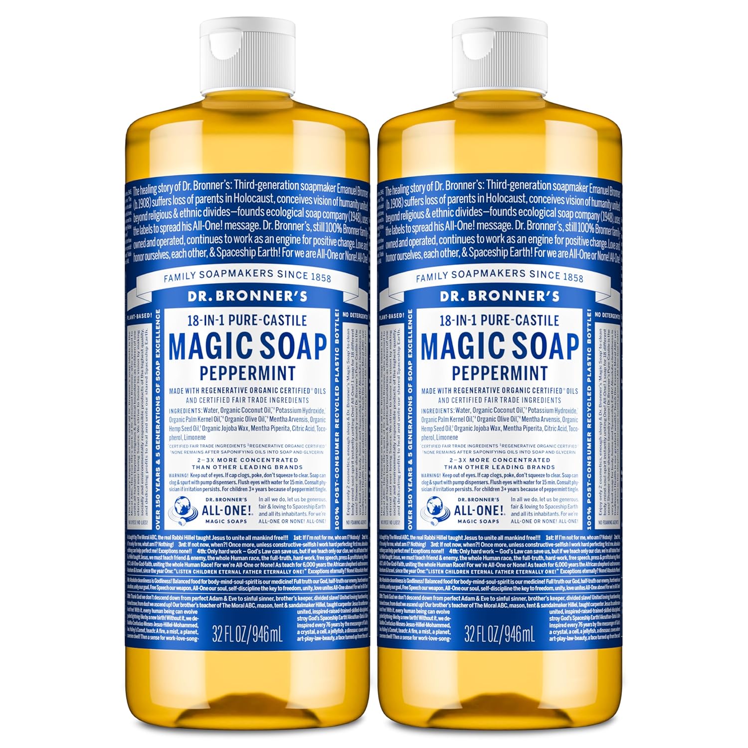 Dr. Bronner's Pure-Castile Liquid Soap Peppermint 2-Pack 32oz by Dr. Bronner's - American Made