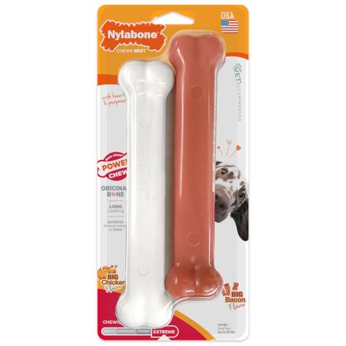 Nylabone Power Chew Original Bone Dog Toys, Chicken & Bacon Flavor, 2 Count by Nylabone - American Made