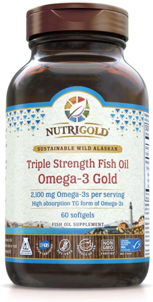 NutriGold Triple Strength Omega-3 Fish Oil 2100 mg 60 Softgels IFOS Certified Sustainable by NutriGold - American Made