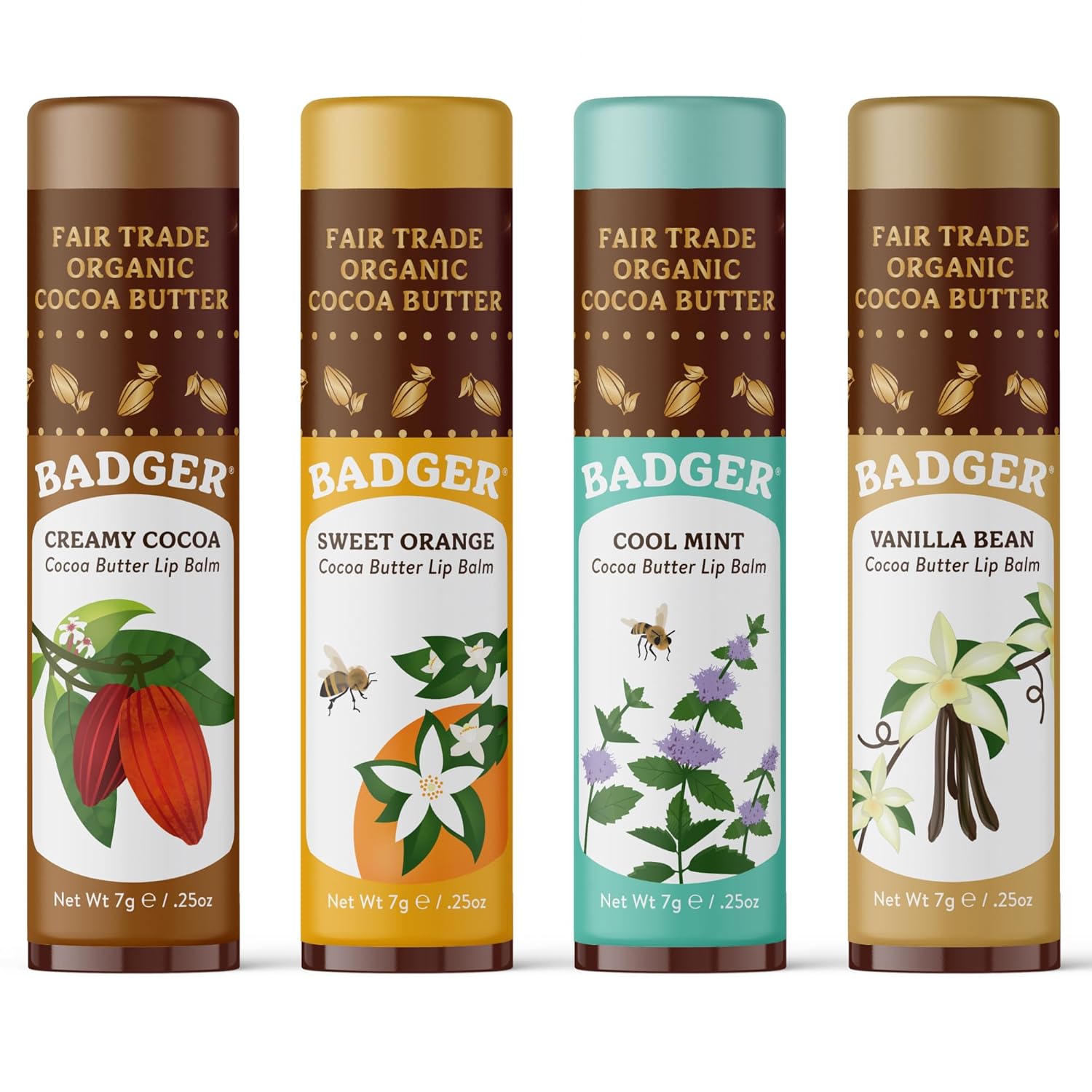 Badger Cocoa Butter Lip Balm 4-Pack (Creamy Cocoa, Sweet Orange, Cool Mint, Vanilla Bean) by Badger - American Made