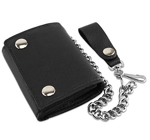 RFID Blocking Men's Tri-fold Vintage Biker Cowhide Leather Steel Chain Wallet,Snap closure,GL315,black by F&L CLASSIC - American Made