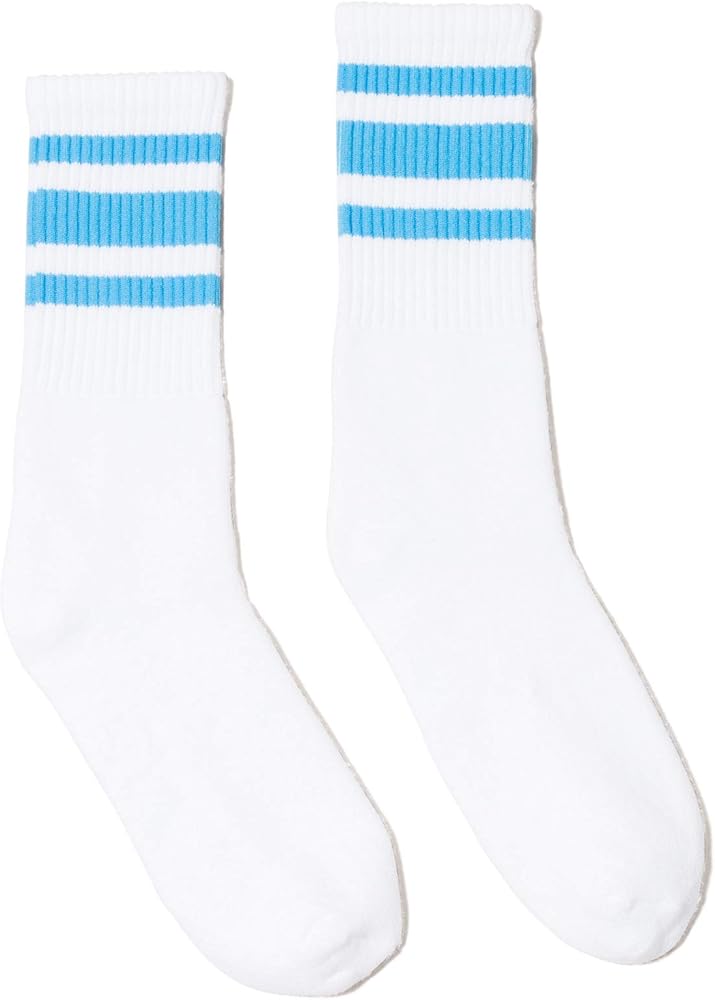 SOCCO White with Carolina Blue Stripe Crew Socks Made in USA by SOCCO - American Made