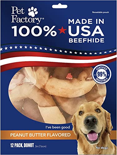 Pet Factory 100% USA Made Beefhide Donuts Peanut Butter 12 Count by Pet Factory - American Made