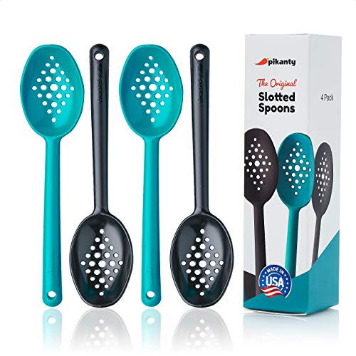 Olive and Pickle Spoon Set of 4, 7-Inch Small Slotted Serving Utensils for Jars, Teal and Black, Perfect for O by Pikanty - American Made