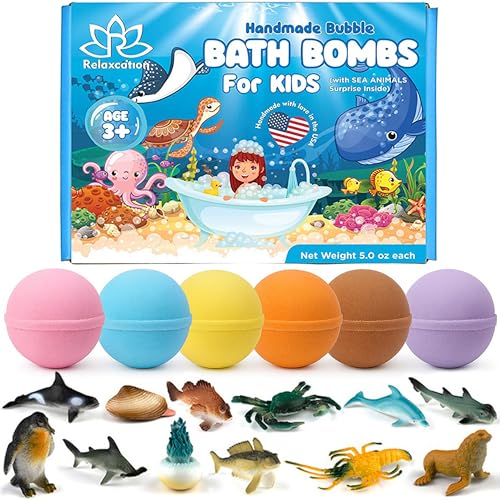 Made in USA 6 Bath Bombs for Kids Surprise Toys Inside SEA Animals - 36 Ocean Toys Like Shark or Jellyfish | N by Relaxcation - American Made