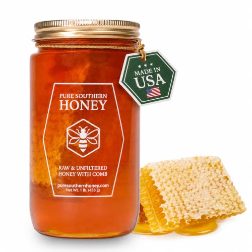 100% Raw Unfiltered Honey With Honeycomb by Pure Southern Honey [1lb] - Authentic, USA - Made Gallberry - Pure by Pure Southern Honey - American Made