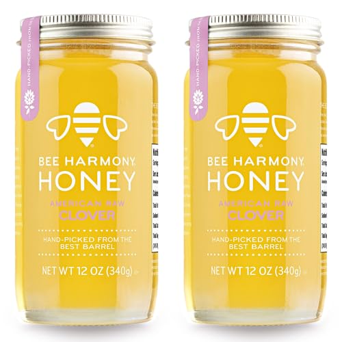 Bee Harmony American Raw Clover Honey, 12 oz Glass Jar (Pack of 2) by Bee Harmony - American Made
