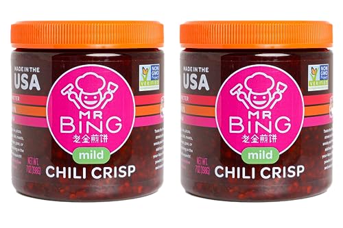 Mr Bing Chili Crisp - Delicious & Flavorful Chili Oil- Gluten Free, Vegan, No MSG - Pack of 2 Mild (7 oz.) Jar by MR BING - American Made