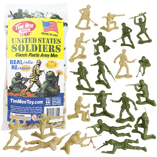 TimMee Plastic Army Men - OD Green vs Tan 100pc Toy Soldier Figures Made in USA by Tim Mee Toy - American Made