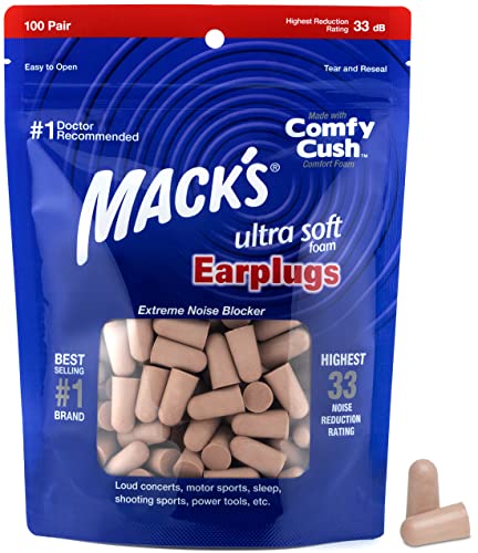 Mack's Ultra Soft Foam Earplugs, 100 Pair Bag - 33dB Highest NRR, Comfortable Ear Plugs for Sleeping, Snoring by Mack's - American Made