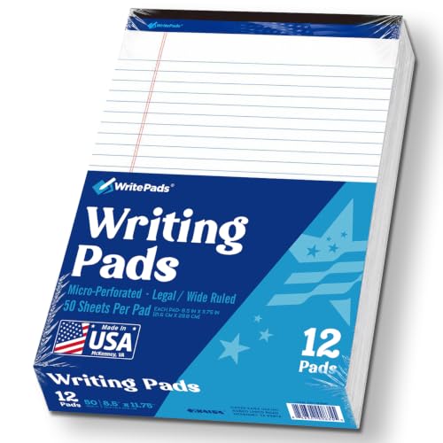 WritePads Legal note pads 8.5"x11" Legal Pads,Wide Ruled,White Paper,12 Pack,50 Sheets Per Writing Pad,Micro p by WritePads - American Made
