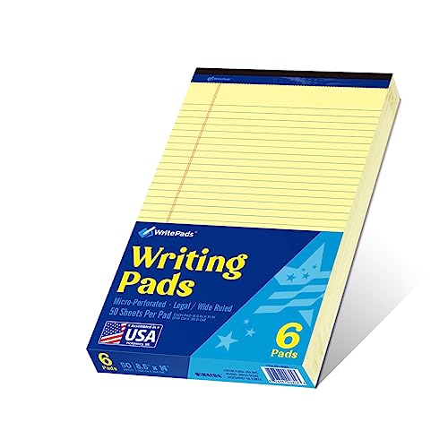 WritePads Legal Pad 8.5"x14" Note Pad,Wide Ruled Writing Pad,Canary Paper,6 Pack,50 Sheets Per Pad,Micro perfo by WritePads - American Made
