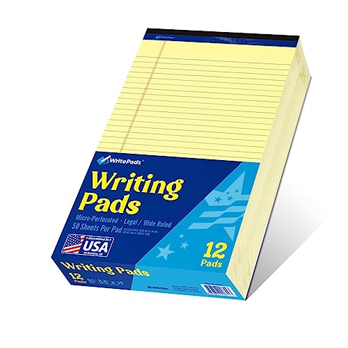 WritePads Legal note pads 8.5"x14" Legal Pads,Wide Ruled,Canary Paper,12 Pack,50 Sheets Per Writing Pad,Micro by WritePads - American Made
