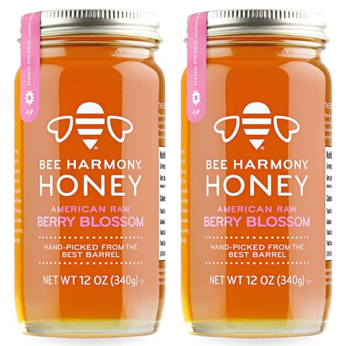 Bee Harmony American Raw Berry Blossom Honey, 12 oz Glass Jar (Pack of 2) by Bee Harmony - American Made