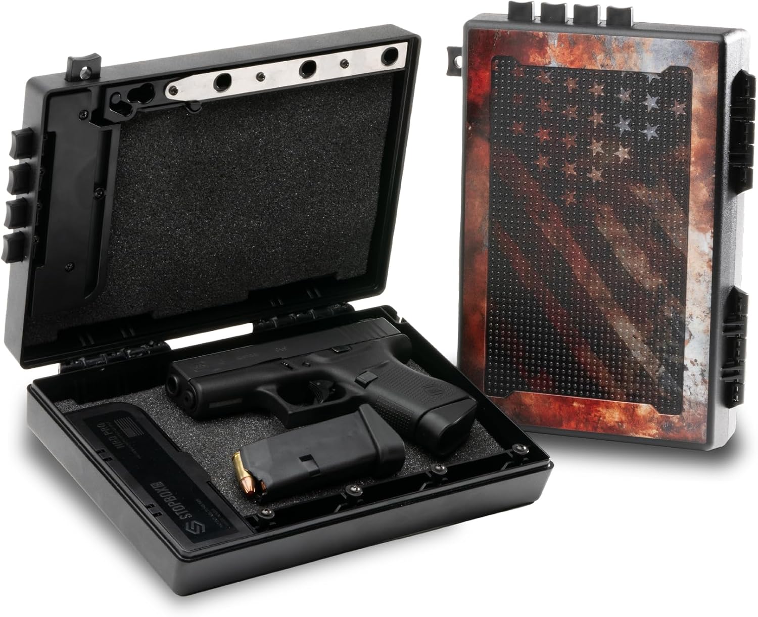 StopBox Instant-Access Handgun Lockbox, Compact, Rustic Flag + Black (2-Pack) by StopBox USA - American Made