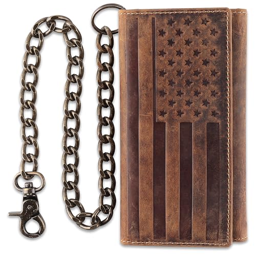 F&L CLASSIC RFID Blocking Mens Tri-fold Long Style Cowhide Leather Steel Chain Wallet,brown flag,212-100 by F&L CLASSIC - American Made