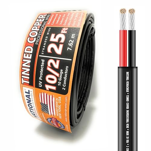 National Wire&Cable - 10/2 Tinned Copper Professional Wire (25 Feet) 10 AWG Gauge Stranded PVC Cord - 2 Conduc by NATIONAL Wire&Cable - American Made