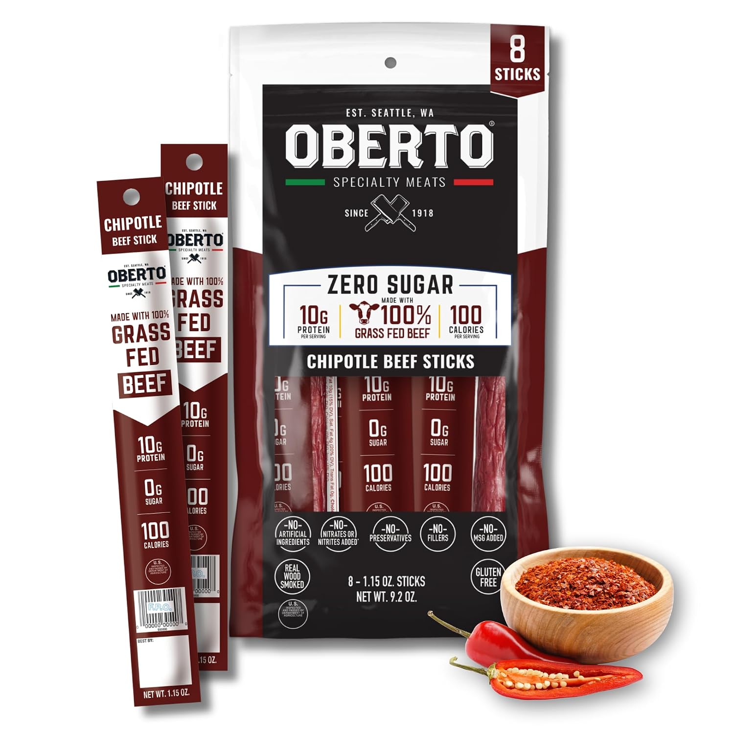Oberto Grass Fed Beef Sticks Chipotle, Zero Sugar, 1.15 oz (Pack of 8) by Oberto - American Made