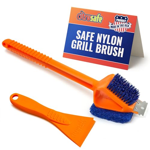 CitruSafe 3in1 Nylon Grill Brush with Cookbox Scraper- Non Metal, No Wire Bristles, Safe BBQ Brush for Outdoor by Citrusafe - American Made