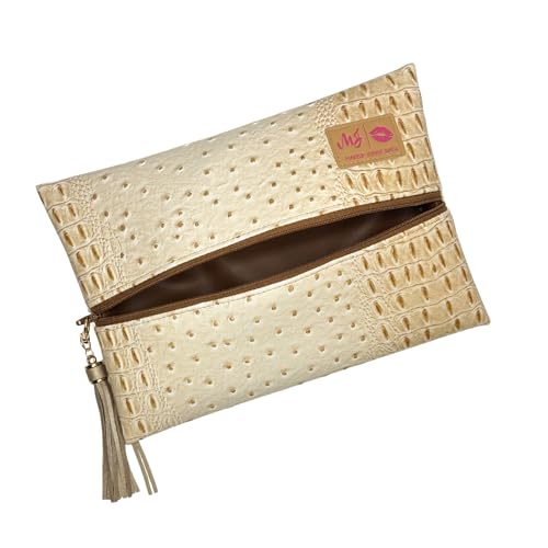 Makeup Junkie Medium Makeup Bag - Dune Faux Croc - Patented Lay Flat Travel Toiletry Bag for Women - 8" x 11.5 by Makeup Junkie Bags - American Made