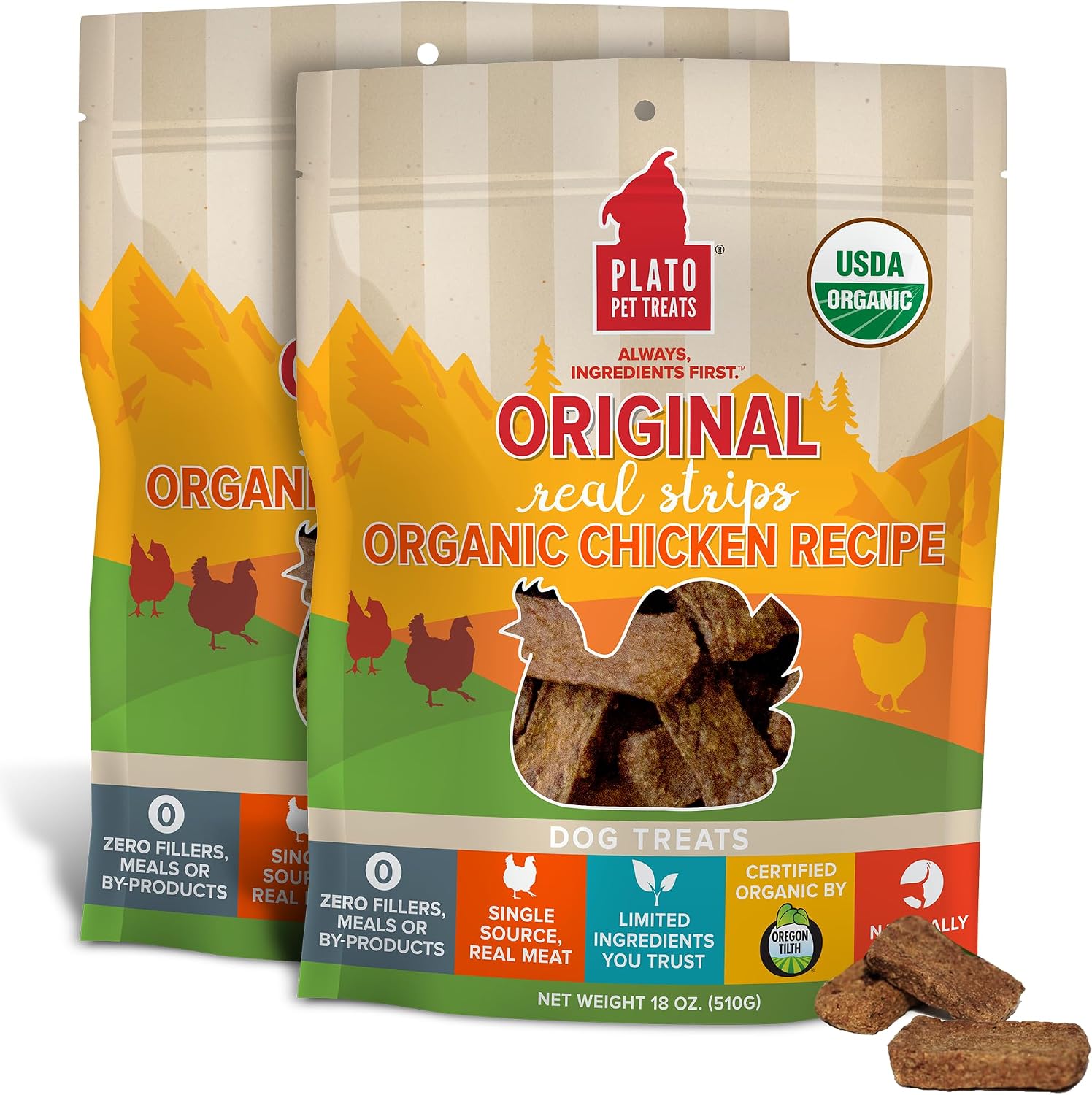 Plato Real Strips Organic Chicken Meat Bars 18 oz 2-Pack by Plato Pet Treats - American Made