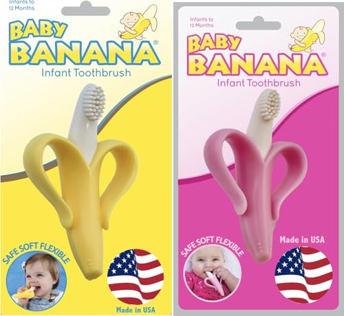 Baby Banana Yellow and Pink 2-Pack of Infant to Toddler Silicone Toothbrushes, Bendable, Food Grade Silicone by Baby Banana - American Made