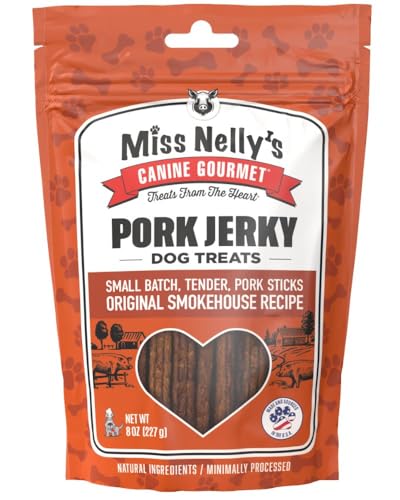 Miss Nelly's- All Natural Pork Jerky Dog Treats Made in USA Only, 8 oz Bag by Miss Nelly's Canine Gourmet Jerky Dog Treats - American Made